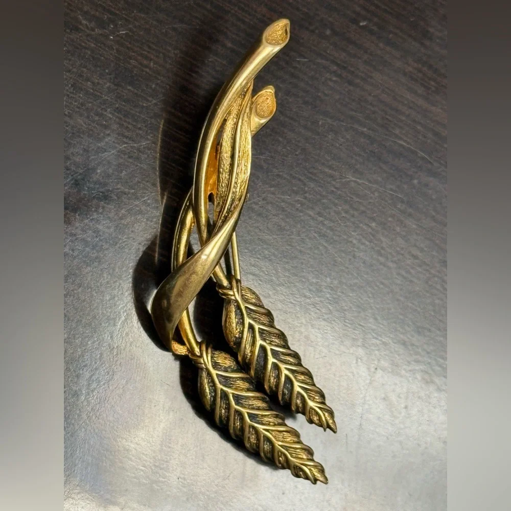 Vintage Signed Paquette Wheat Sheaf Gold Tone Brooch Pin‎ -3” Long
